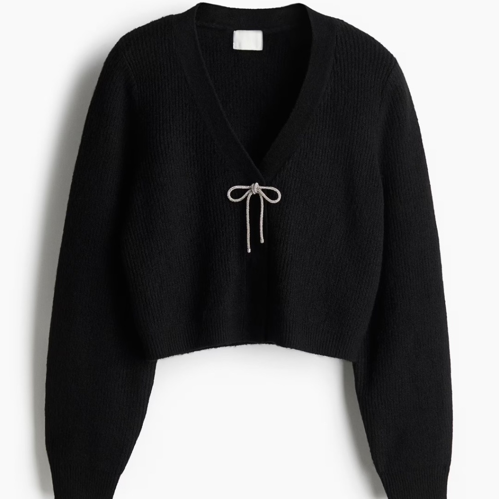 NWT H&M Rhinestone Bow-Detail Rib-Knit Cardigan in Black Women's size XS